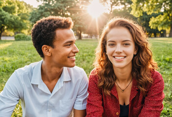 Fototapeta premium Lifestyle people photography of a couple on a wine date, diversity, summer park