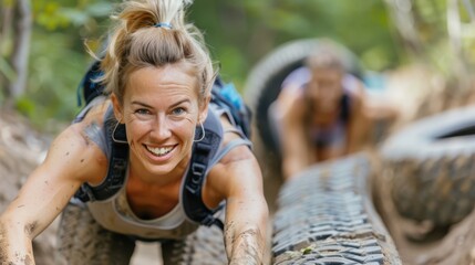 An enthusiastic woman, with a determined smile, navigates a challenging muddy obstacle course, showcasing strength, endurance, and an adventurous spirit amidst nature’s rugged beauty.
