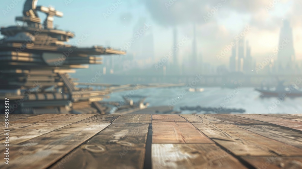 Poster a wooden platform overlooks a futuristic city skyline with tall buildings and a large ship docked in