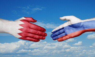 Russian Federation and Bahrain country handshaking with flags, consensus concept international co-operation illustration