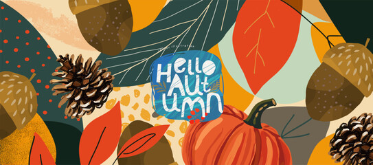 Hello, Autumn. Vector modern abstract illustration of nature, leaves, leaf, leaf fall, logo, acorn, pine cone, pumpkin for banner, background, greeting card, frame or horizontal poster