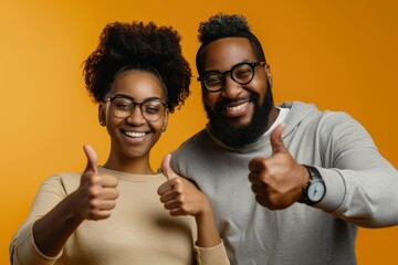 Portrait of a happy afro-american couple in their 30s showing thumbs up