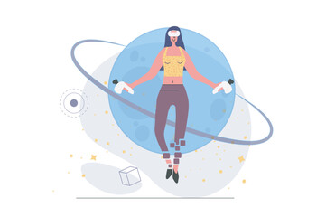 Virtual reality concept in modern flat design for web. Woman in VR headset and controllers learning space and researching planet in avatar simulation at augmented cyberspace. Vector illustration.