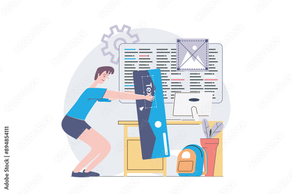 Aufkleber Web development concept in modern flat design for web. Developer creating and programming wireframe app interface, constructing layout with content, making application template. Vector illustration.