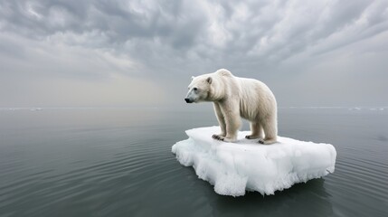 Majestic Arctic Bear Perched on Melting Iceberg Amid Dramatic Cloudy Skyscape