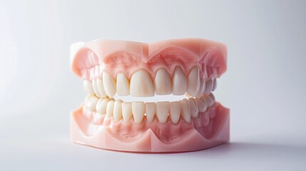 Fototapeta premium Gypsum dentures with porcelain teeth on white background Dental gypsum model in dentist lab close up Jaws prosthetic model in laboratory
