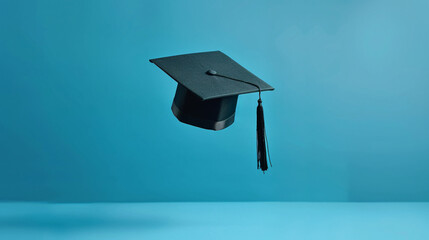 A graduation cap is tossed in the air against a blue background, symbolizing celebration and achievement.