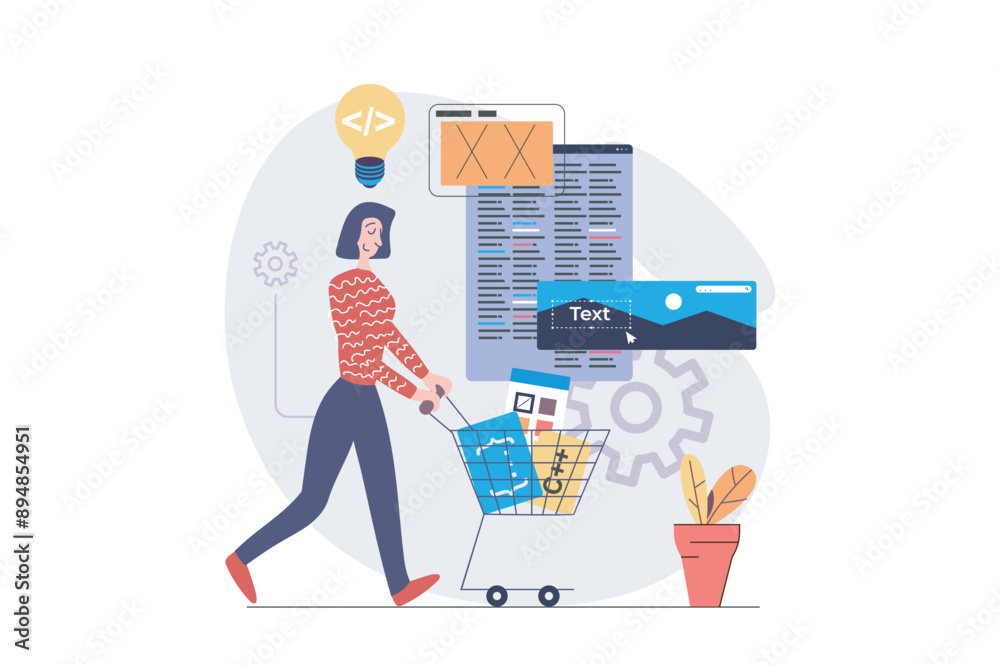Fototapete Web development concept in modern flat design for web. Woman developing and programming wireframe app interface, brainstorming and building layout with digital content at screens. Vector illustration.