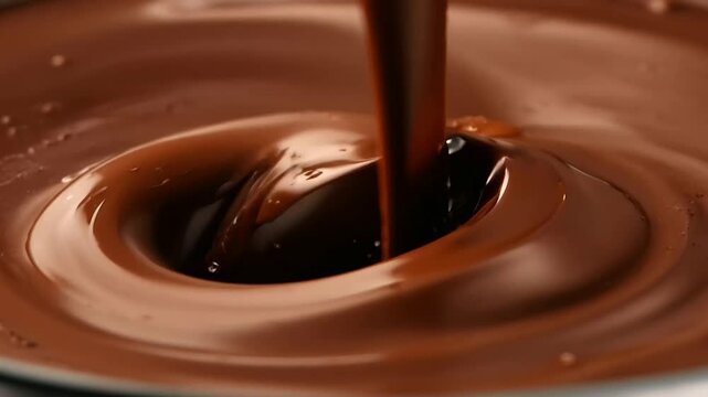 Closeup of dark brown or black hot cocoa chocolate cake liquid texture. Sweet dessert candy cream flowing, fluid motion, sugar melting, pouring