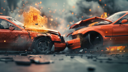 Car accident on slippery road, red car collides with truck and cars in the evening. Drunk driving car accident. 3D illustration