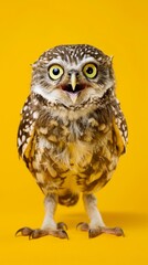 Obraz premium Surprised Owl Portrait on Vibrant Yellow: Creative Animal Studio Featuring a Wide-Eyed Owl's Expressive Face, Capturing Curiosity and Wonder in Striking Detail Against a Bold, Attention-Grabbing Backd