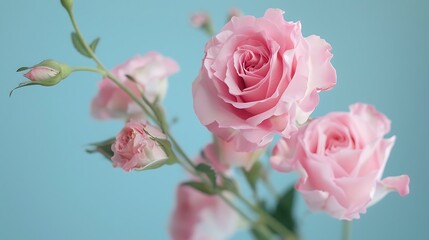 Fototapeta premium Pink rose and eustoma flowers isolated on a blue background