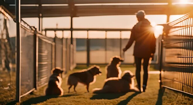 Dog sitter in a kennel at sunset.