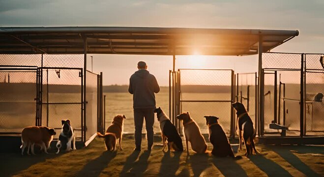 Dog sitter in a kennel at sunset.