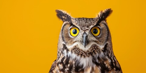 Obraz premium Surprised Owl Portrait on Vibrant Yellow: Creative Animal Studio Featuring a Wide-Eyed Owl's Expressive Face, Capturing Curiosity and Wonder in Striking Detail Against a Bold, Attention-Grabbing Backd