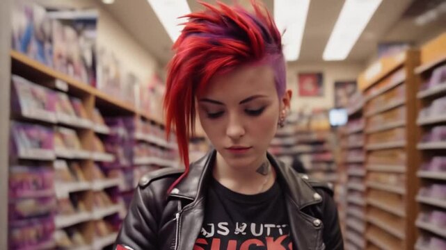 A young woman with vibrant red and purple spiked hair stands confidently in a comic store. 