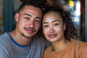 Fototapeta premium Portrait of a joyful mixed race couple in their 20s looking at the camera