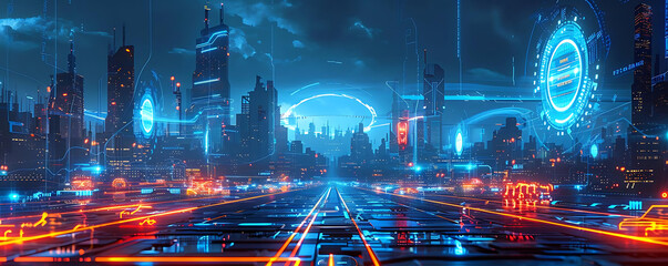 Fototapeta premium Futuristic cityscape with neon lights and digital elements, showcasing advanced technology and innovation in a vibrant atmosphere.