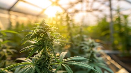 Serene Cannabis Plant in a Sunlit Greenhouse Perfect for Poster or Print Design