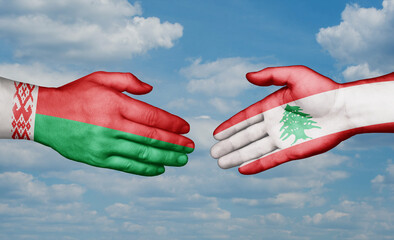 Lebanon and Belarus country handshaking with flags, consensus concept international co-operation illustration