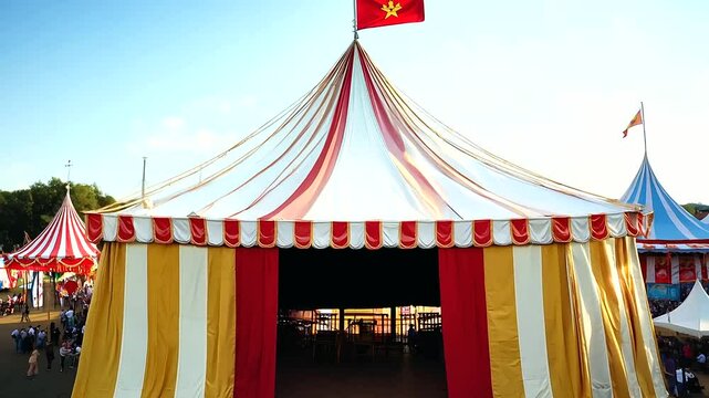 Exterior view of the circus tent entrance, featuring a retro vintage red and white striped design. Carnival festival performance arena under a clear blue sky, showcasing classic entertainment and show