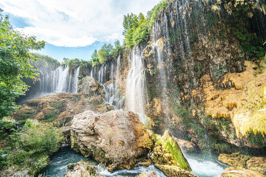The scenic views of Yerk&ouml;pr&uuml; Waterfall located on the G&ouml;ksu River in the Hadim District of Konya with a magnificent beauty that can enchant everyone with its unique natural beauty.