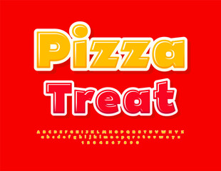Vector promo banner Pizza Treat. Bold Red Font. Modern set of Glossy Alphabet Letters and Numbers.