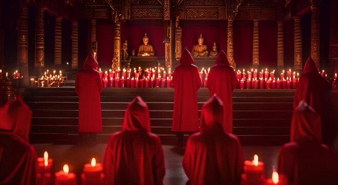 People from a sect with candles and red clothing.