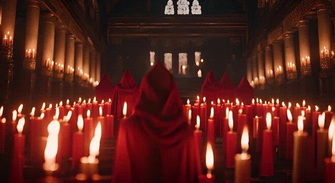 People from a sect with candles and red clothing.