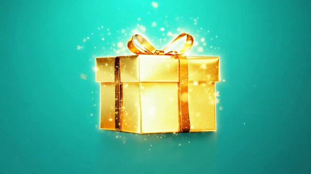 Glowing golden gift box on turquoise background. Elegant present box with gold ribbon shimmering on bright turquoise for luxury promotions, standout advertising, birthday offers, holiday ads, gifting
