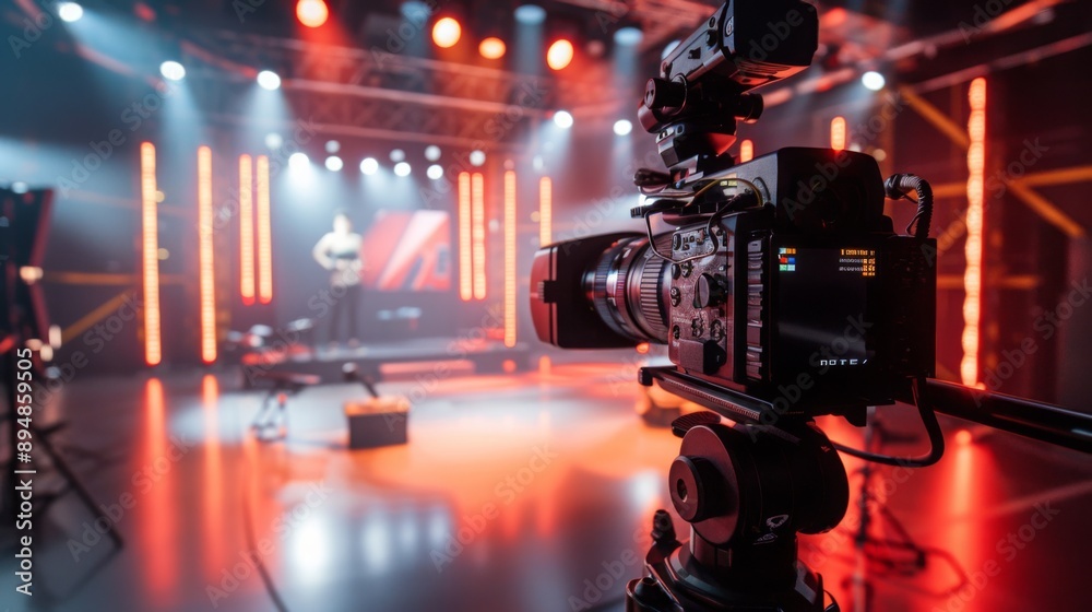 Aufkleber A camera on a tripod is focused on a person standing on a stage in a studio. Red lights illuminate the set, which is decorated with bright, vertical lighting.