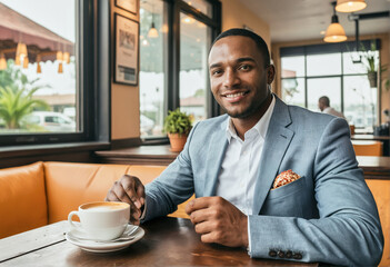 A photo of a person in a beautiful coffeeshop cafe, enjoying a cup of coffee