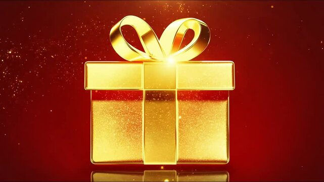 Sparkling gold present box on red background. Animated glowing golden gift box on red for Christmas promotions, New Year offers, seasonal sales, holiday ads, luxury gifting concepts, birthday offers