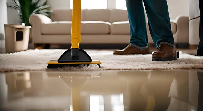 Man cleaning the house. Vacuuming the house.