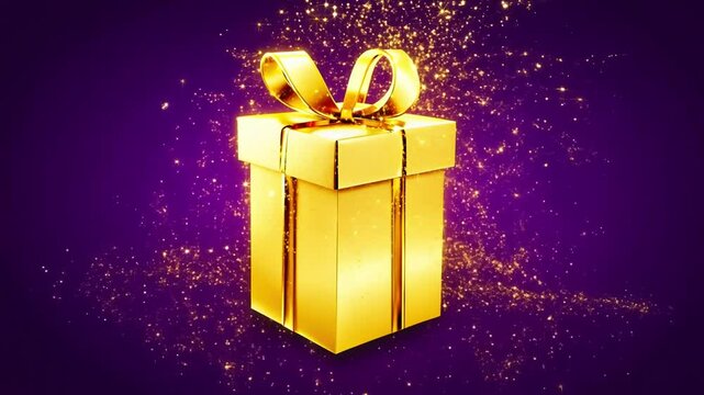Glittering gold gift on bright yellow background. Sparkling golden present box on vibrant purple  background for festive promotions, season sales, birthday offers, holiday ads, luxury gifting concepts