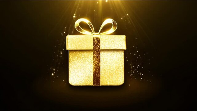 Glowing golden present shining brightly against dark background. Animated shiny gold gift box appears on dark for luxury event visuals, elegant celebrations, event promotions, seasonal offers, sales