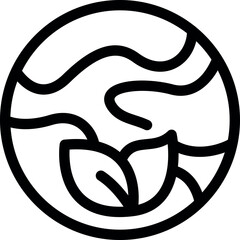 Line art icon of the planet earth with growing green leaves, representing environmental awareness