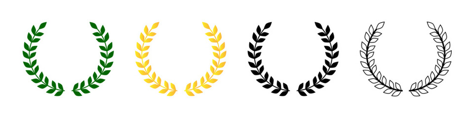 Set of laurel wreath icons. Winner symbol, green, black, gold and white illustration. Vector isolated image