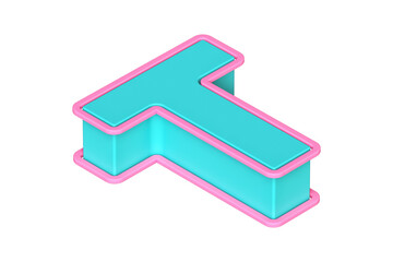 Isometric 3D letter T in teal and pink. Retro modern 3D rendering display font suitable for poster, web, advertising and modern design projects.