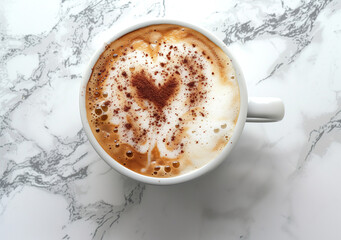 A cup of cappuccino with foam on a white marble table, in a top view close-up