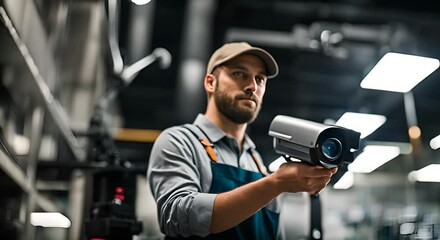 Man installing a security camera at home.