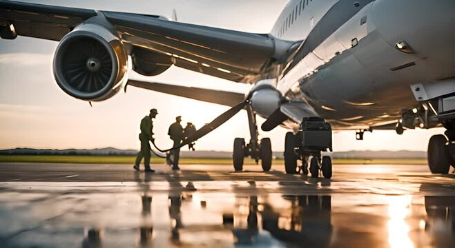 Workers adding fuel to a plane.