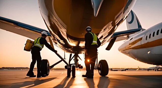 Workers adding fuel to a plane.