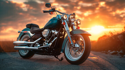 Naklejka premium Classic motorcycle parked on road, with sunset background.