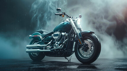 Shiny motorcycle featured against misty night backdrop