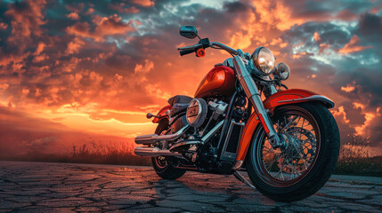 Obraz premium Modern motorcycle at sunset with dramatic sky