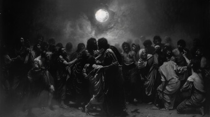 crowd of men surround Jesus, who is being apprehended in a dimly lit scene. The moon shines brightly above them, casting an eerie glow.