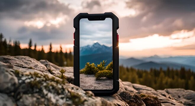 Ultra resistant mobile phone in the mountains.