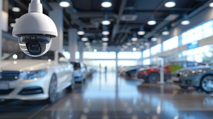 Modern Car Dealership Showroom with Advanced Surveillance Cameras and Luxury Vehicles