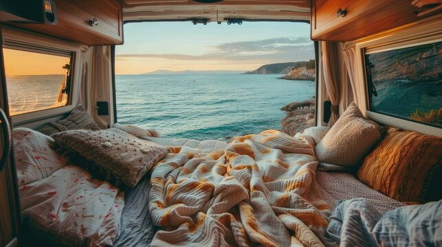 Stunning seascape from a cozy, boho camper interior. Unmade bed, pillows. Vanlife travel concept.
